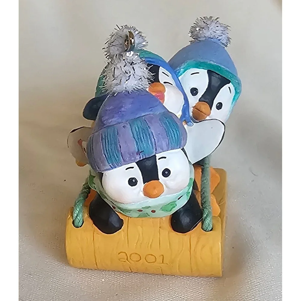 VTG Hallmark Penguin Sled Ornament OS Multi 2001 Winter Holiday Sledding Trio